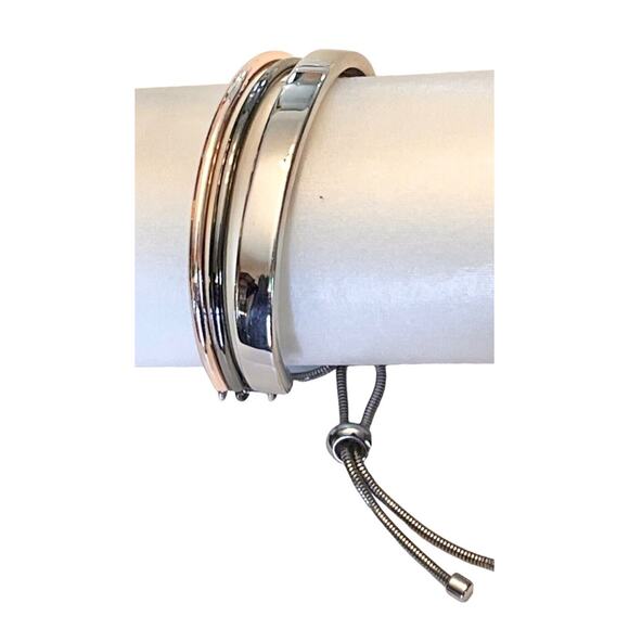 NEW Tri Color ADJUSTABLE BOLO BRACELET Rose Gold, Gunmetal & Silver Plate NWOT - Picture 2 of 5